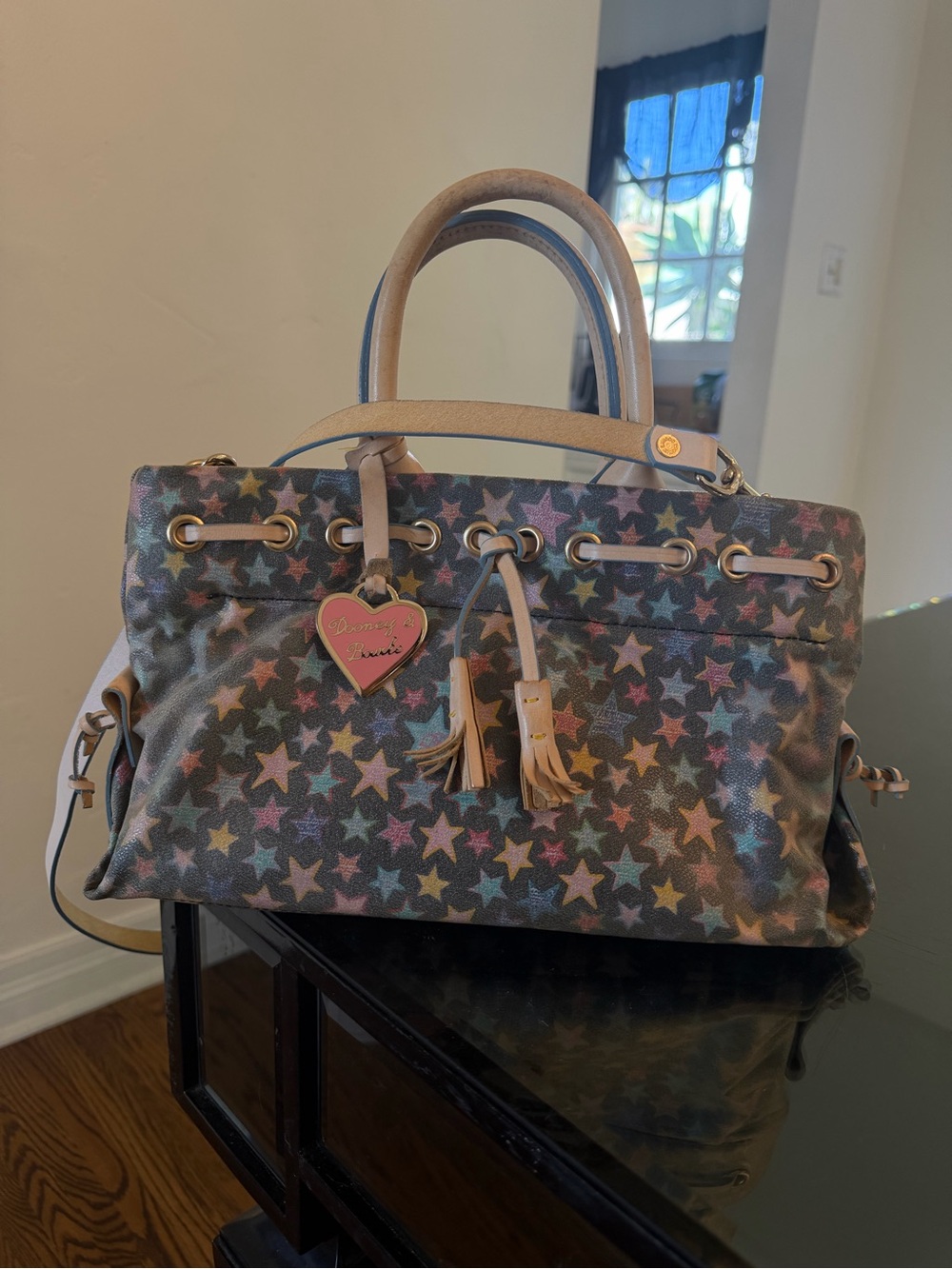 Dooney & Bourke Multicolor Star Print Satchel with Tan Trim